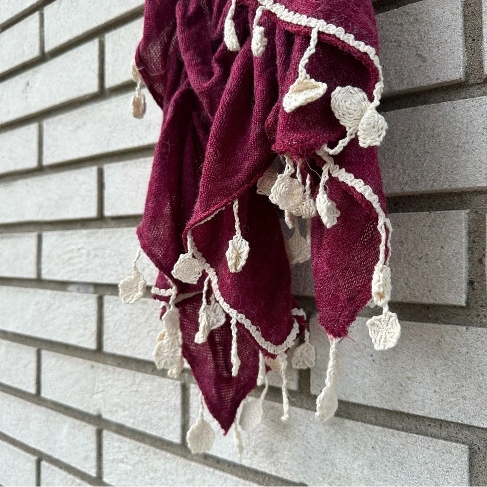 Raspberry Red Wool Feel Scarf Ivory Crochet Fringe Boho Cottagecore Wrap